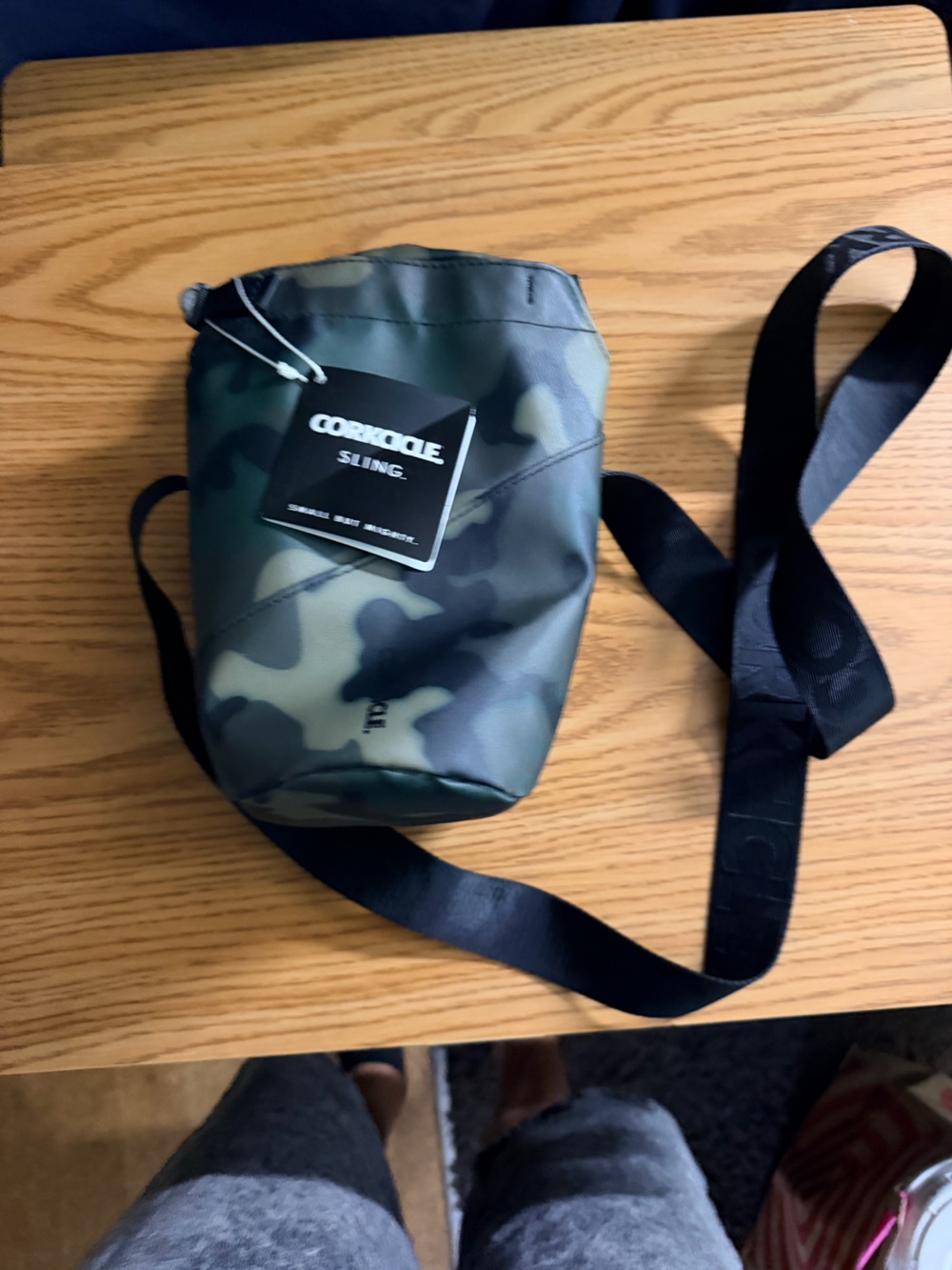 Corkcicle Green Camo Sling Bag with Black Strap